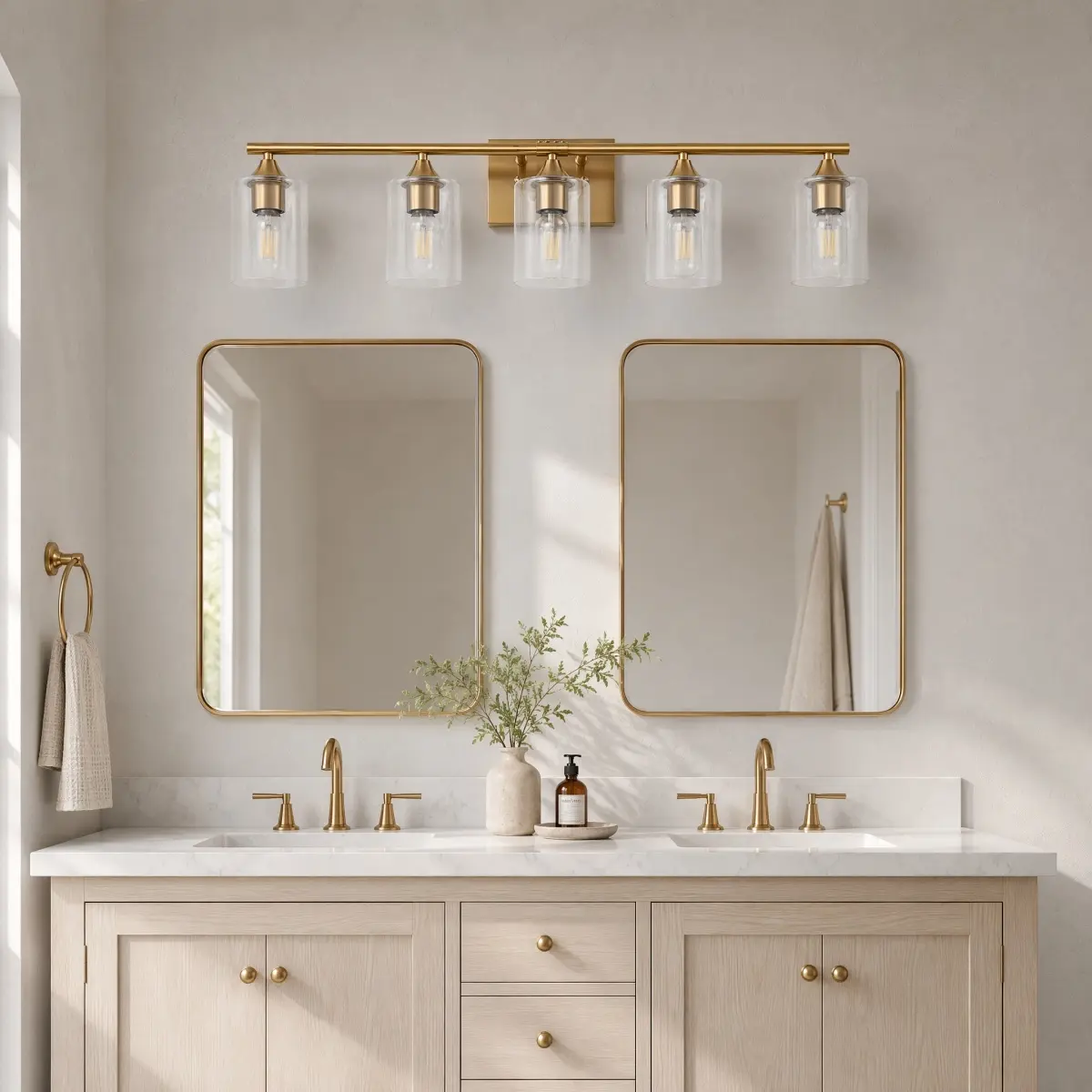 5-Light Brushed Gold Luxury Farmhouse Bathroom Vanity Light Fixture, Wall Lamp with Clear Glass Shade for Large Family Washroom(No light bulb)