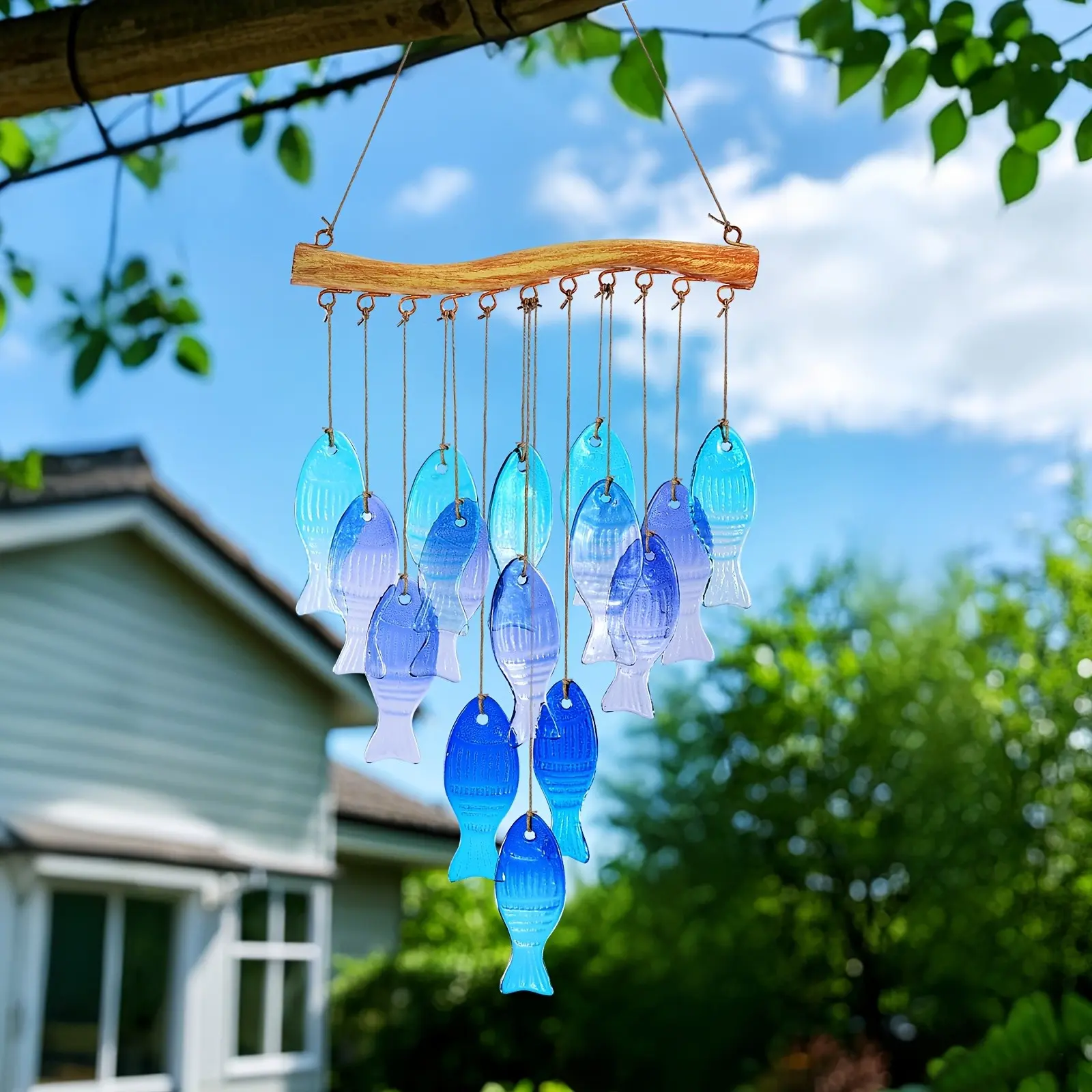 Handmade Blue Glass Fish Wind Chime, Large Outdoor Indoor Hanging Decor, Festive Gift for Garden, Patio, Beach Party, Wedding, Holidays