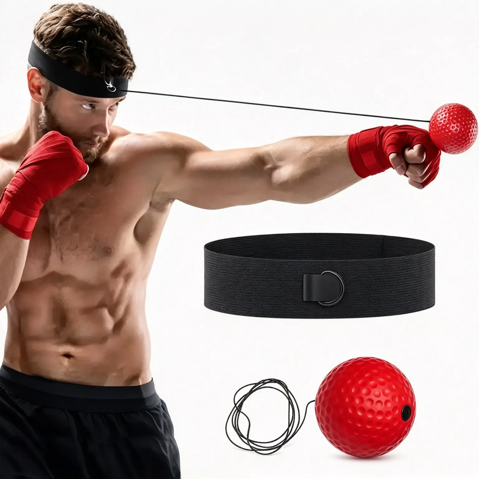 Functional Sporty Boxing Reflex Ball - Speed Training Tool for Home Workout, Secure Headband, Durable PU Leather-Rubber Ball, Cut-to-Size Elastic Rope, Soft Foam Gear for Fitness Enthusiasts (Boosts Hand-Eye Coordination)