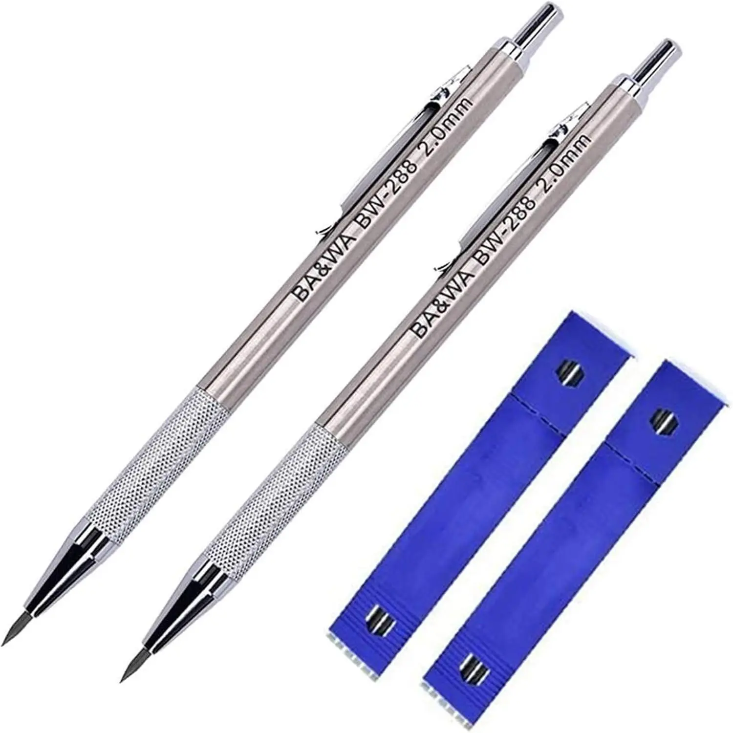 2 Pack 2.0 mm Lead Holder Metal Mechanical Pencil Automatic Mechanical Drafting Pencil for Draft Drawing,Carpenter,Crafting, Art Sketching 24 Leads