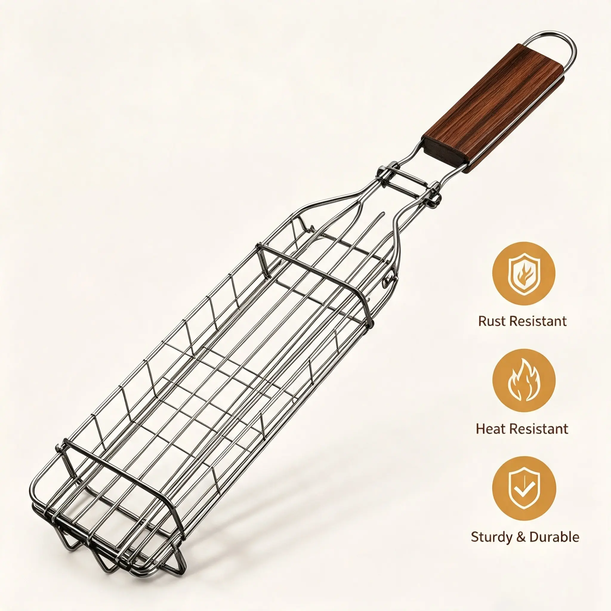 Steel Locking Grill Basket with Wooden Handle, Reusable for Vegetables, Fish, Shrimp, Meat, Skewers, Camping, Non-Stick, Dishwasher Safe
