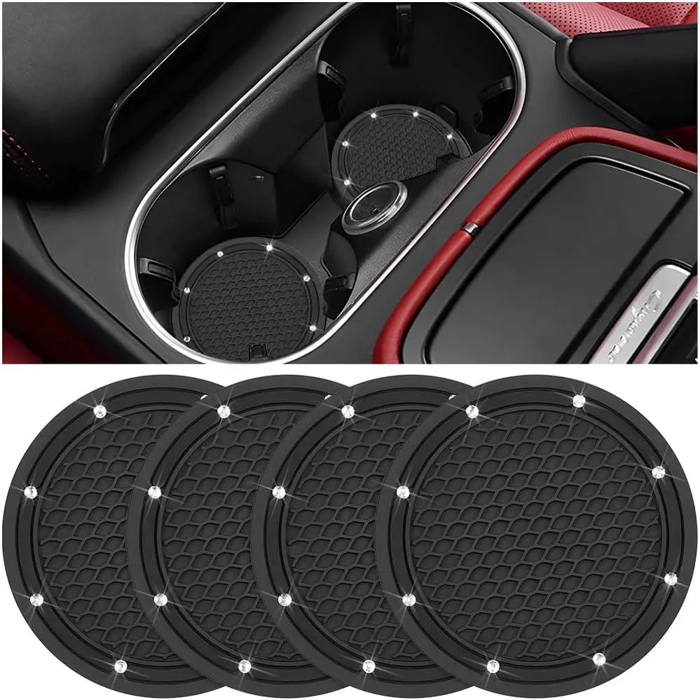 4 count Bling  Cup Holder Coaster, Shiny Rhinestone Non-Slip  Cup Drink Insert Pad Ornament,  Auto Interior Water Bottle Embedded Cushion Mat,  Fit (Black)