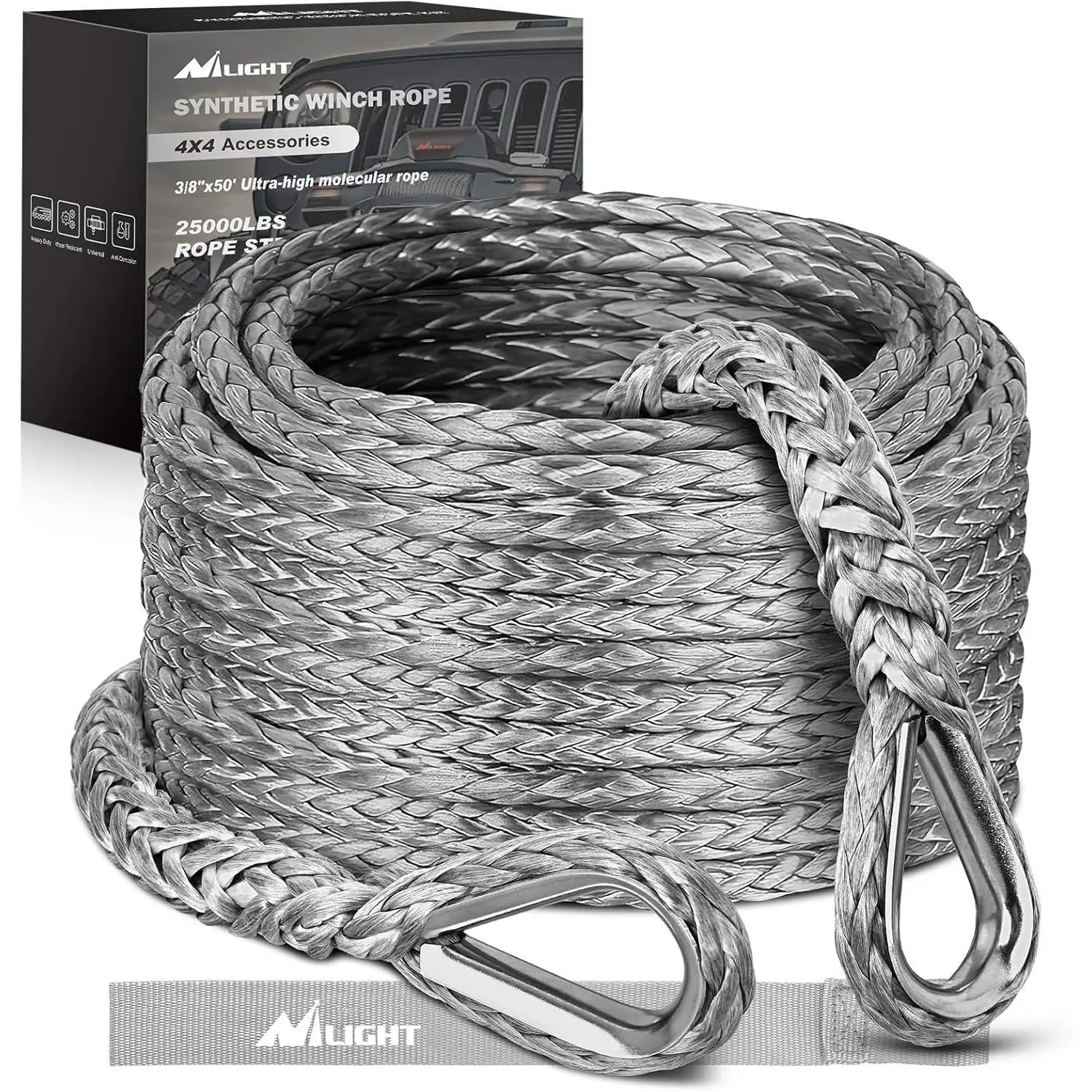 Nilight Synthetic Winch Rope Extension 3/8 Inch x 50 Feet 25,000 Lbs ATV Winch Extension Cable Replacement Tow Ropes Line for Off Road Vehicle Polaris ATV UTV Truck SUV Jeep, Grey