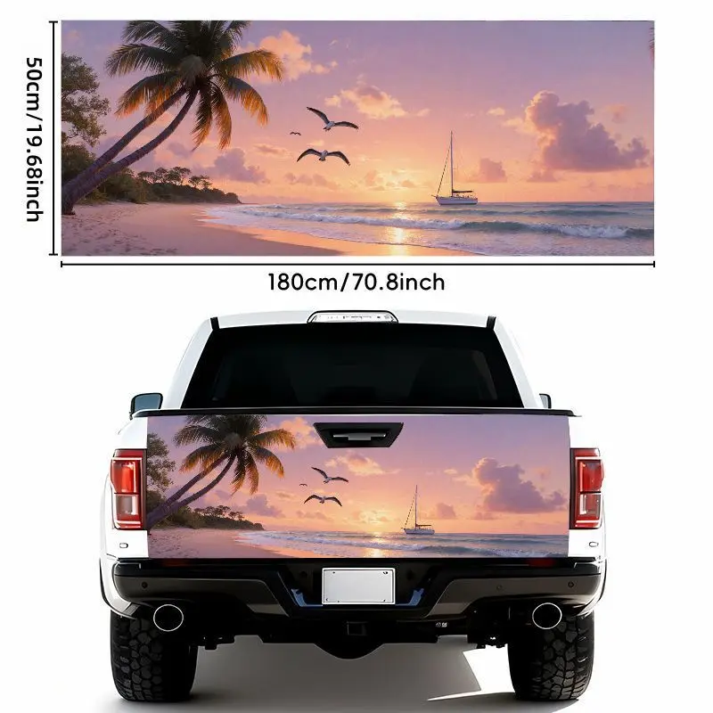 1 Sheet 19.69* 70.87inch Sunset Beach Car Sticker- Quiet Pink and Purple Sky with Palm Trees, Beach, Waves, Sailboat, and Seagull. It Is Waterproof, Self-adhesive, Weather-resistant, and Easy to Apply on Most Car Models