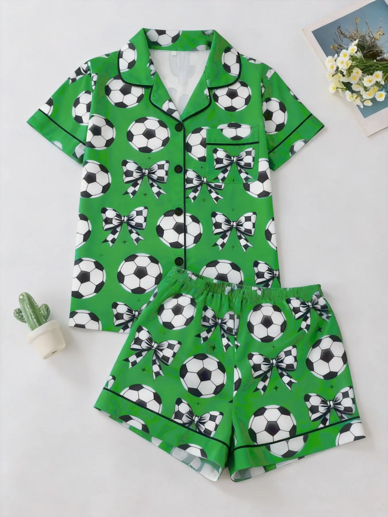 Women's Two-Piece Set Casual Fitted Short Sleeve Top & Shorts Soccer Ball Pajama Nightwear, All-Season Comfortable Lightweight Design, Perfect for Everyday Daily Wear