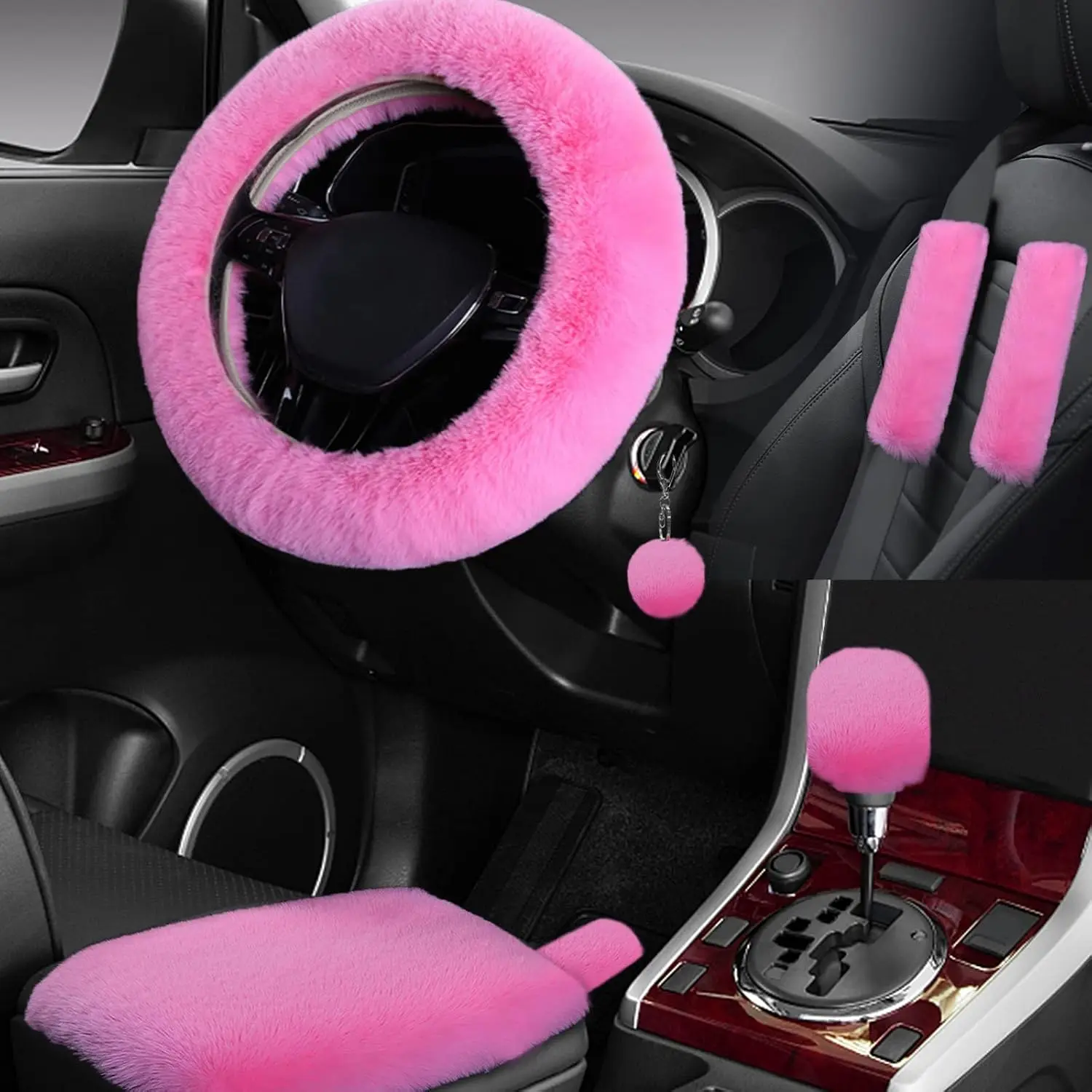 7 count Set  Interior Aesthetic Accessories,  15 inch Steering Wheel Cover, armrest pad, seat Belt Cover,Gear Shift Cover, Fit Girly  Accessories for Women.