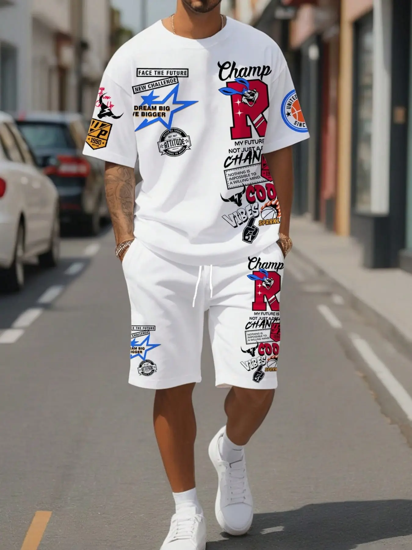 Sorvial Men's Letter Print Round Neck Short Sleeve Tee and Shorts Set, Casual Slim-Fitting Knee-Length for All Seasons