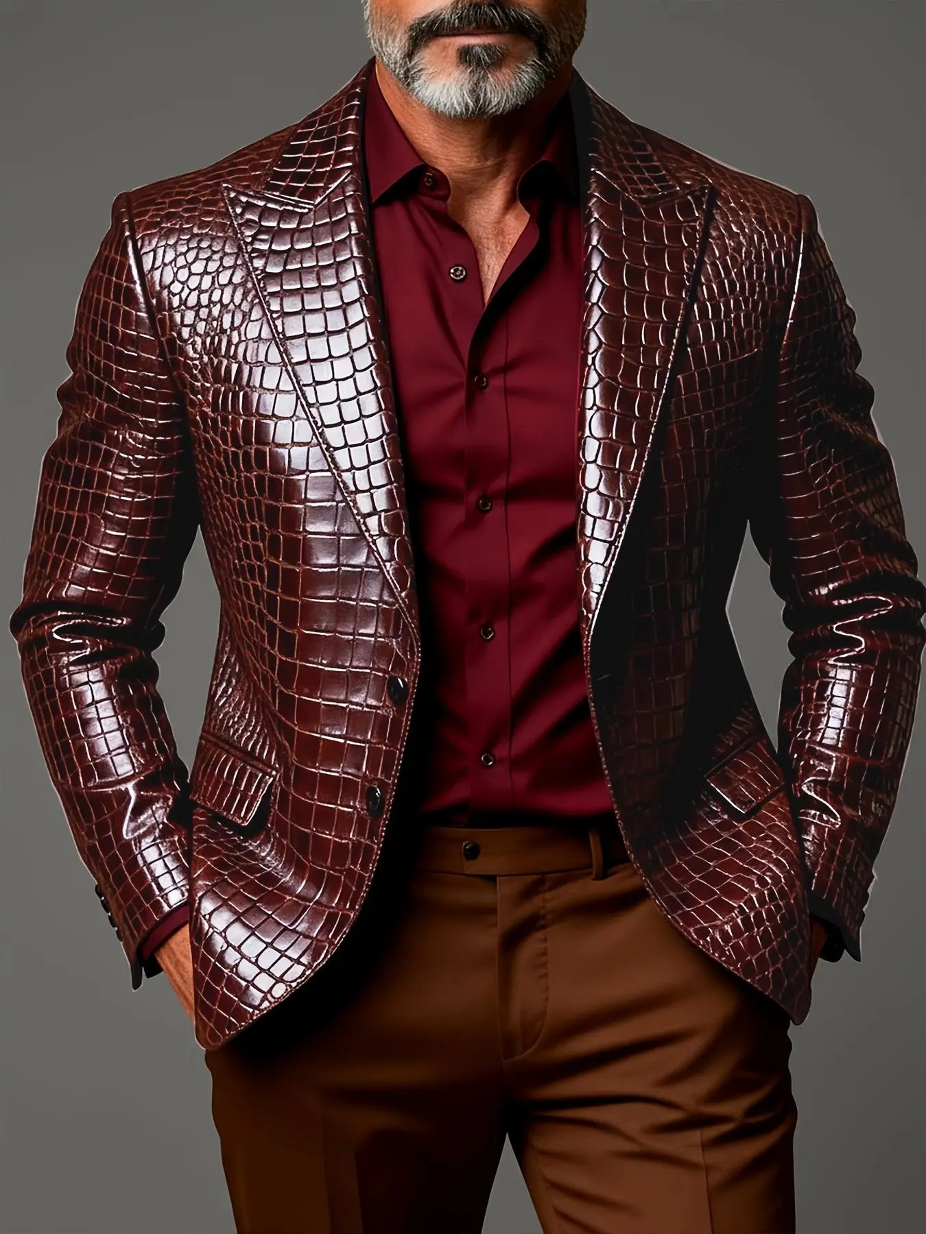 Men's Mature Casual Suit Jacket, All-Over Crocodile Pattern Design, Perfect for Outdoor Parties & Leisure Activities