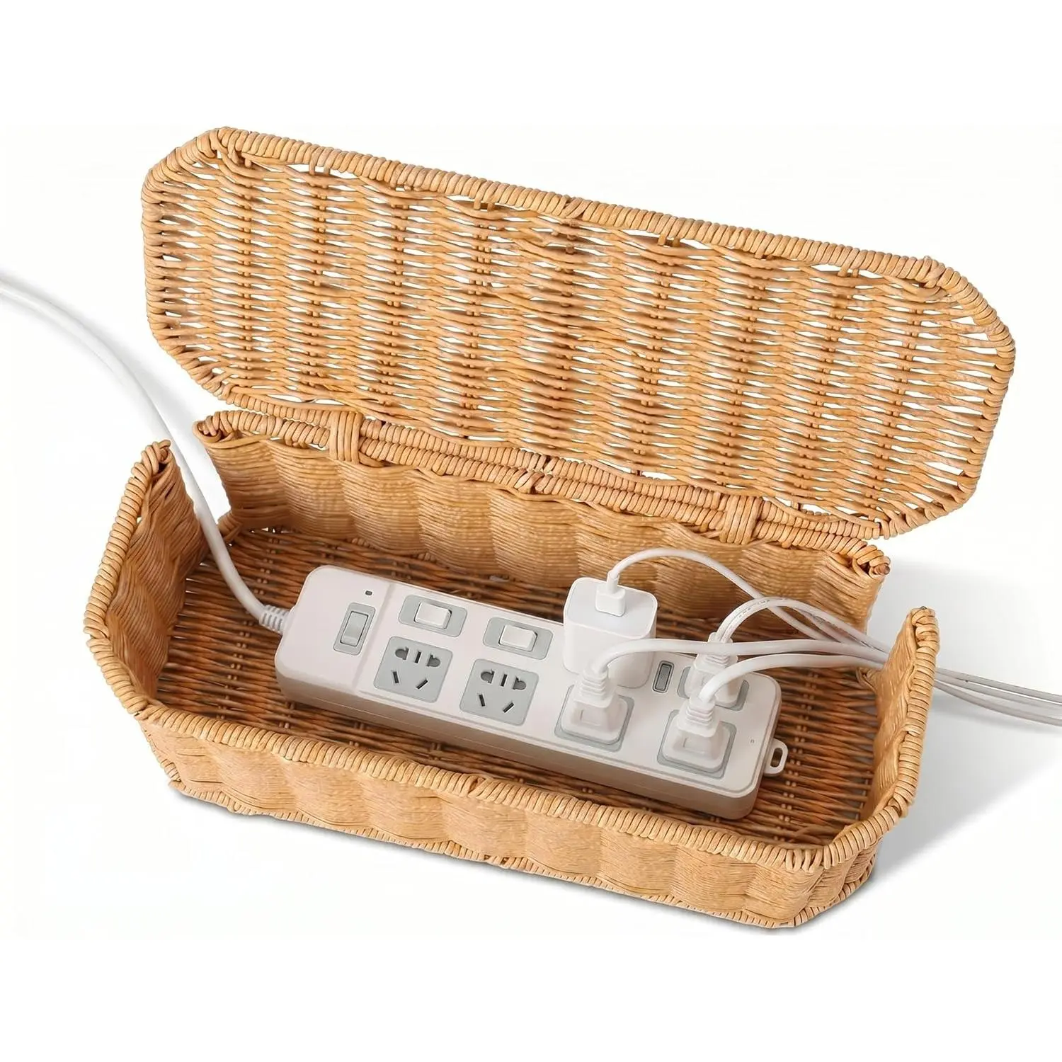 Rattan Cable Management Box - Large Decorative Cord Organizer Basket, Metal-Framed Handwoven Rattan, Ventilated Heat Dissipation, Octagonal Design, Dual Rear Cable Slots, Indoor Home Office Boho Decor for Hiding Cords & Power Strips, Boho Home Office Deco