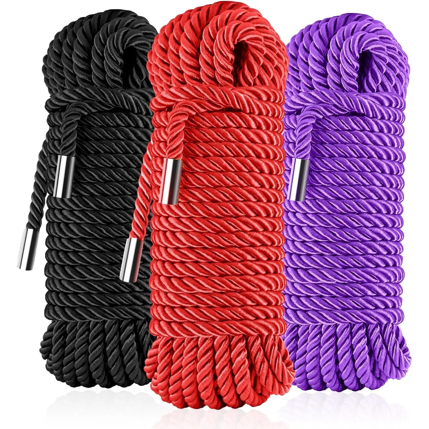 Soft Silk Tying Rope - Skin-Friendly Shiny Colored Nylon Binding Ropes, Durable Multi-Purpose Satin Braided Twisted Decorative Cord, Thickness 8MM, Each 32-Foot Long (Black Red Purple)