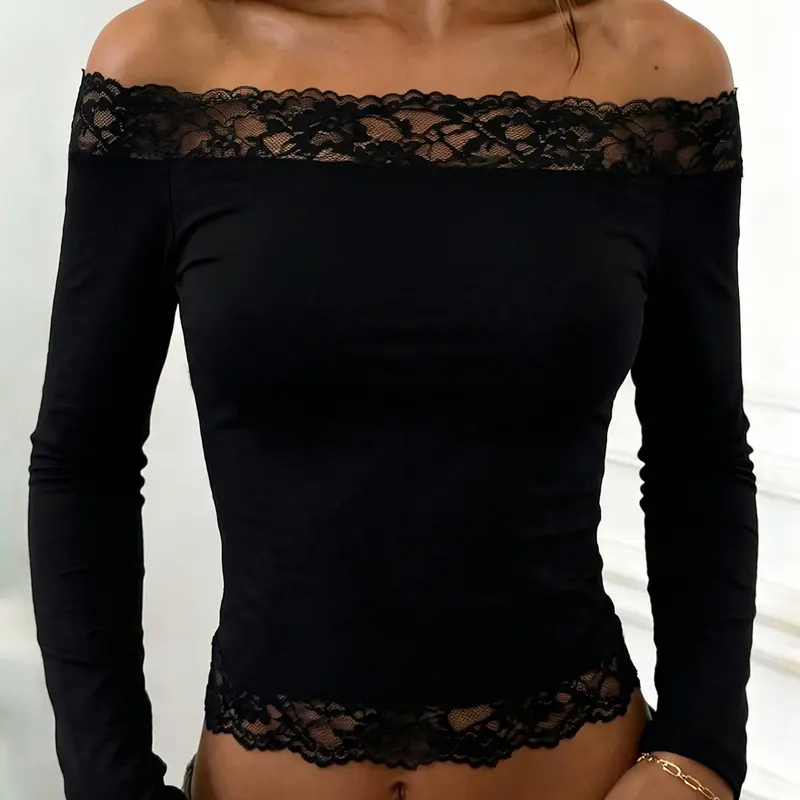 Women Off‑Shoulder Long Sleeve Crop Top, Elegant Floral Lace Trim Slim Fitted Blouse, Sexy Sheer Lace Edge Y2K Going‑out Tee, Soft Stretchy Casual Streetwear Tops for Dating Party Daily OOTD for Ladies