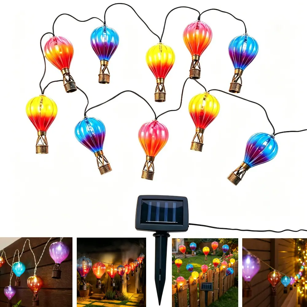 1 Solar Panel & 10 Led Hot Air Balloon String Lights, Solar Multicolor Hanging Outdoor Decor, Waterproof Fairy Lights for Garden, Yard, Wedding, Birthday and Holidays, Creates Warm Romantic Cozy Atmosphere for Home Decor and All Kinds of Party Decorations