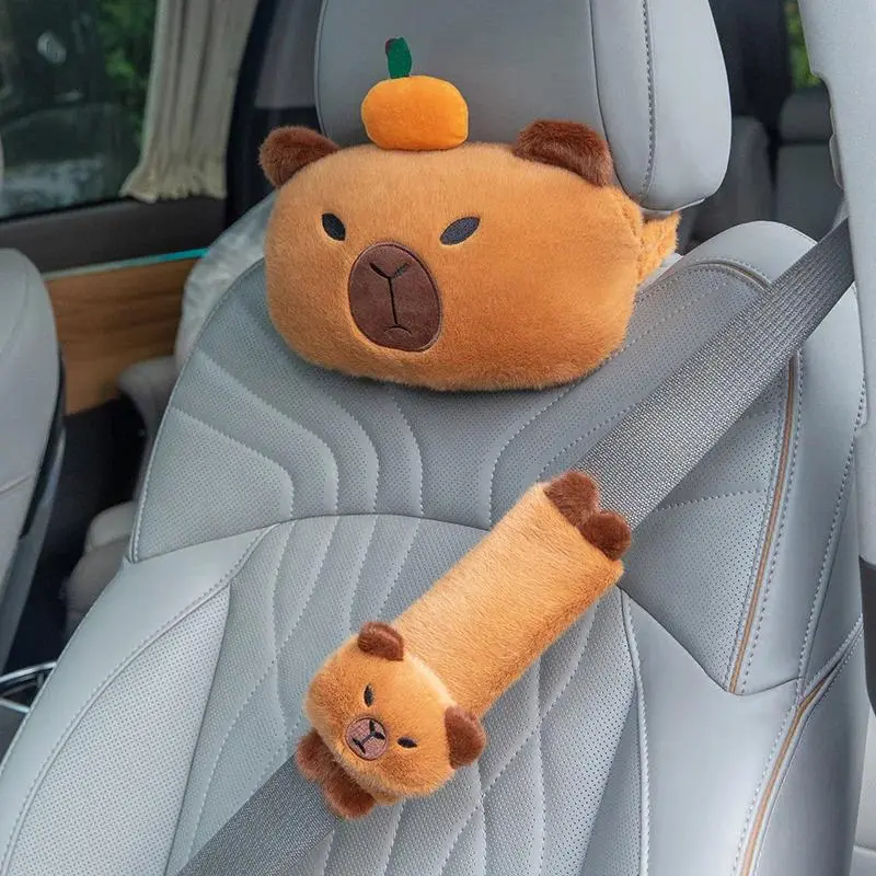 Capybara Car Headrest Neck Pillow Shoulder Support Set Capybara Plush Shoulder Protection Cute Tissue Box Car Decor
