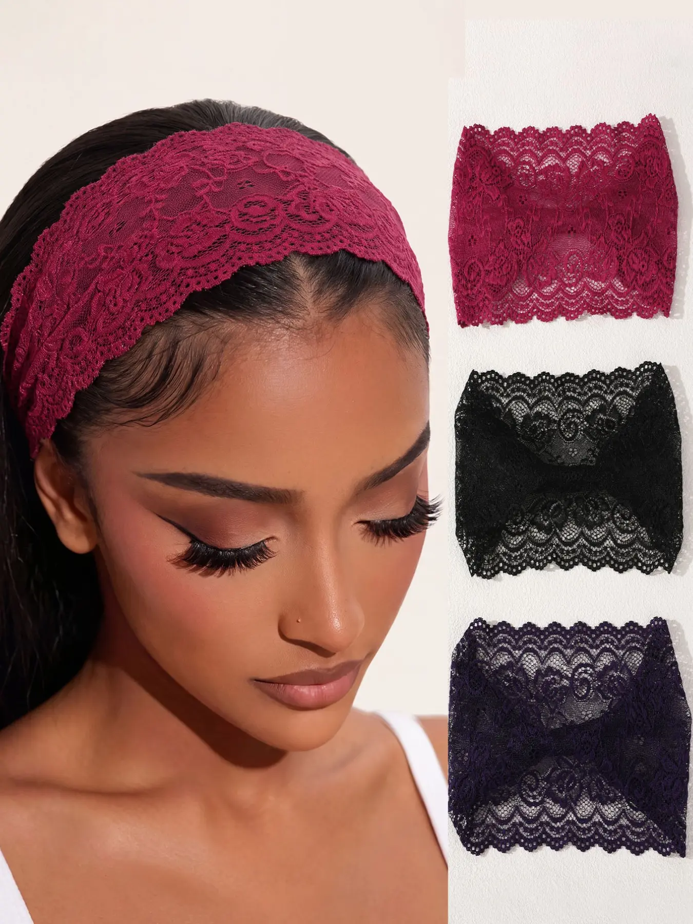 French Lace Hairband Set of 3, Wave Edge Elastic Hair Tie, Lightweight Breathable, Versatile Multi-Color Fabric Hair Accessories, Elastic Fashion Headbands