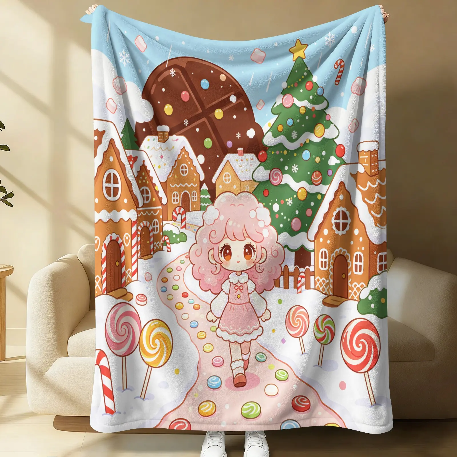 Sweet Gingerbread Candy Land Christmas Blanket, Soft Fluffy Lightweight Throw, Multi-Scene Use for Bed Sofa Travel Camping