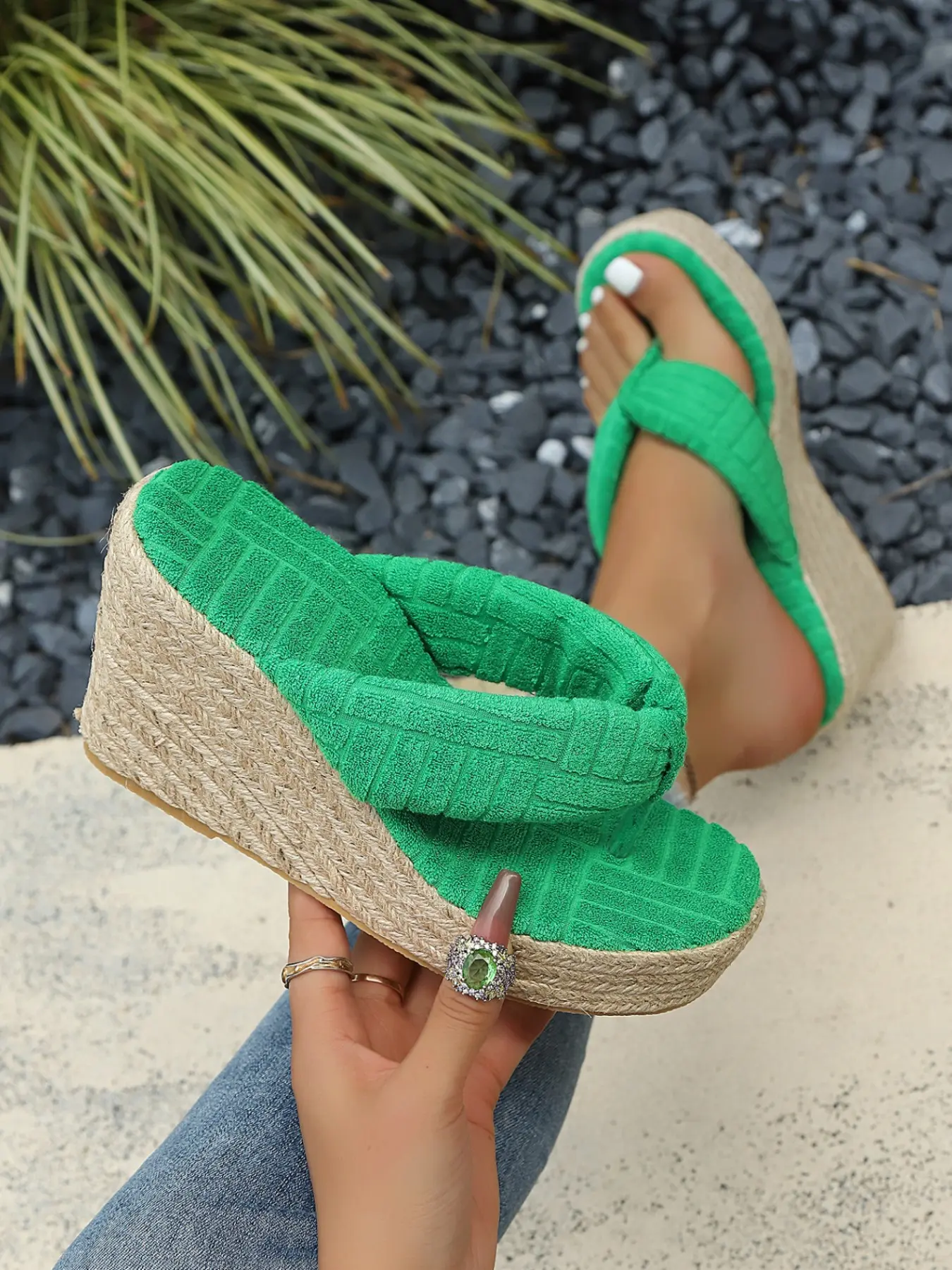 Colorful Towel Fabric Wedge Sandals, Quilted Grid Pattern, Natural Hemp Rope Sole, Open Toe, Elegant Style, All Seasons, PU Leather Upper