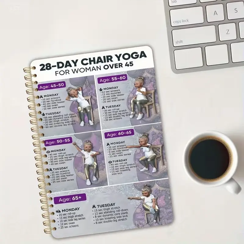 Senior Chair Yoga Spiral Notebook, 28-Day Full Body Workout Plan, A5 Thick Cover, Ideal for Women over 65, Beginners, Office Workers, Home Fitness