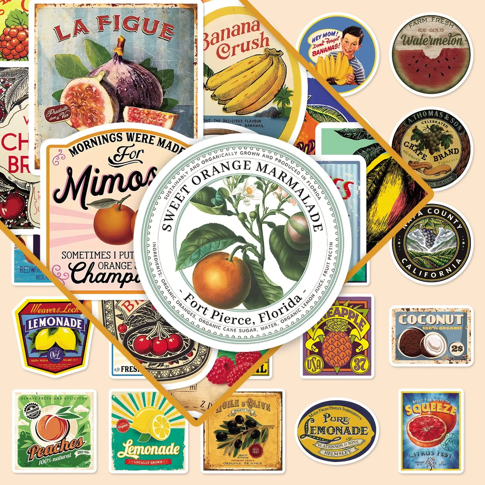 100 Sheets of Two Sets of Repeated Retro Fruit Labels, Creative American Retro Style Decorative DIY Journal Stickers