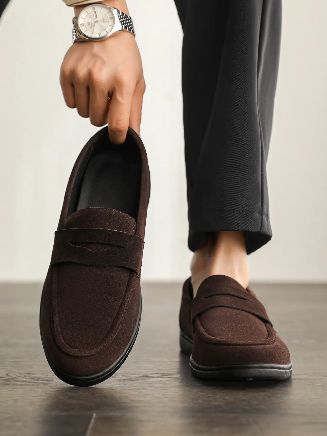 Men's navy slip-on penny loafer driving moccasins, breathable wool suede, lightweight soft anti-slip flat sole lazy shoes, minimalist casual shoes, versatile slip-on casual footwear for commuting, driving, light business meetings and daily wear.