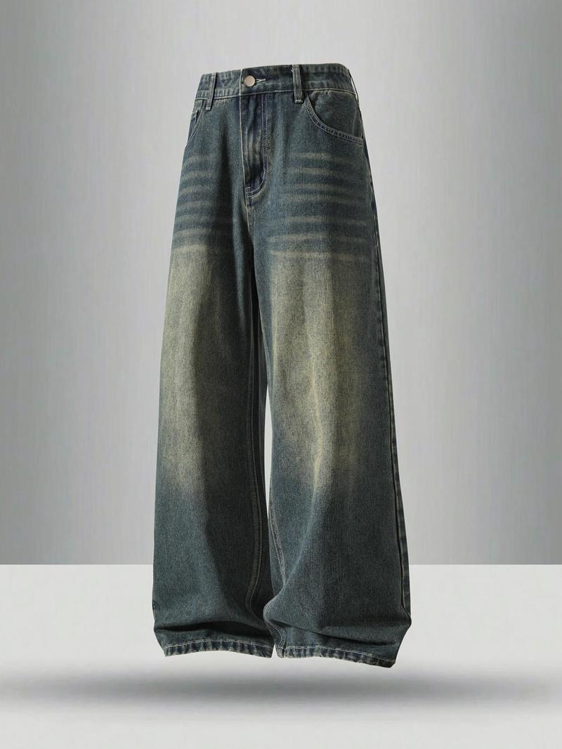 Men's vintage washed loose straight-leg jeans, casual four-season street style, zipper fly, solid color pattern, daily wear denim pants. If you prefer a looser fit, order one size larger.