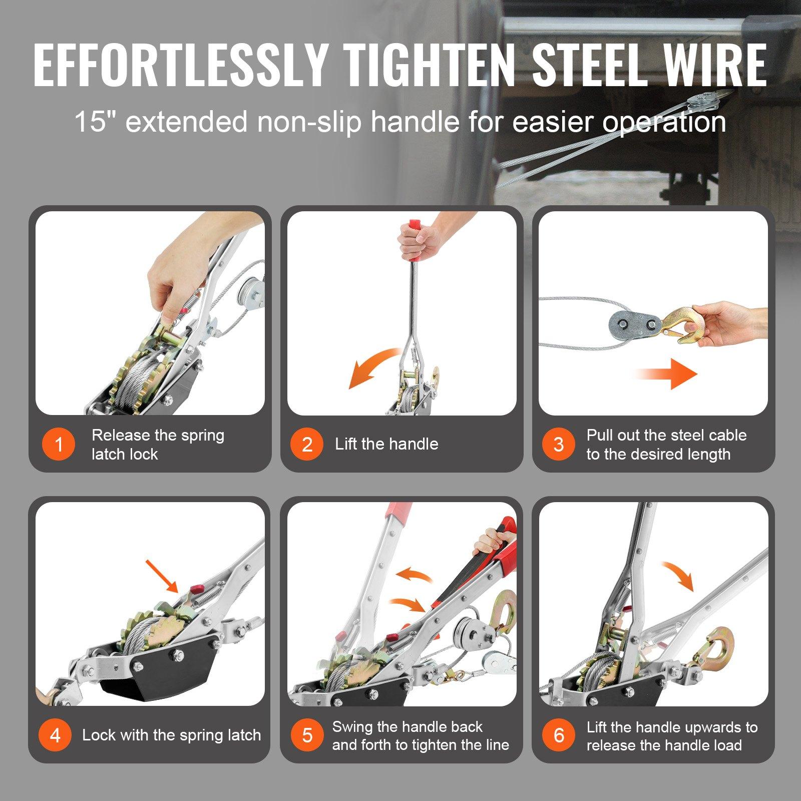 VEVOR Come Along Winch, 2 Ton (4,409 lbs) Pulling Capacity, 12 ft Steel Cable, 2 Hooks, Heavy Duty Ratchet Power Puller Tool with Dual Gears, Automotive Hoist Cable Puller Ideal for Vehicle Rescue VEVOR Come Along Winch, 2 Ton (4,409 lbs) Pulling Capacity, 12 ft Steel Cable, 2 Hooks, Heavy Duty Ratchet Power Puller Tool with Dual Gears, Automotive Hoist Cable Puller Ideal for Vehicle Rescue