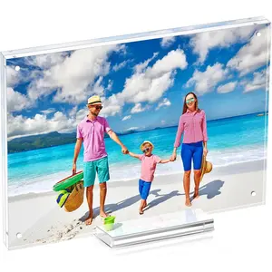 6x8 Magnetic Acrylic Picture Frame Clear Double Sided Frame with Base Frameless Floating Lucite Photo Frame Stands on Desk Table Horizontally or Vertically