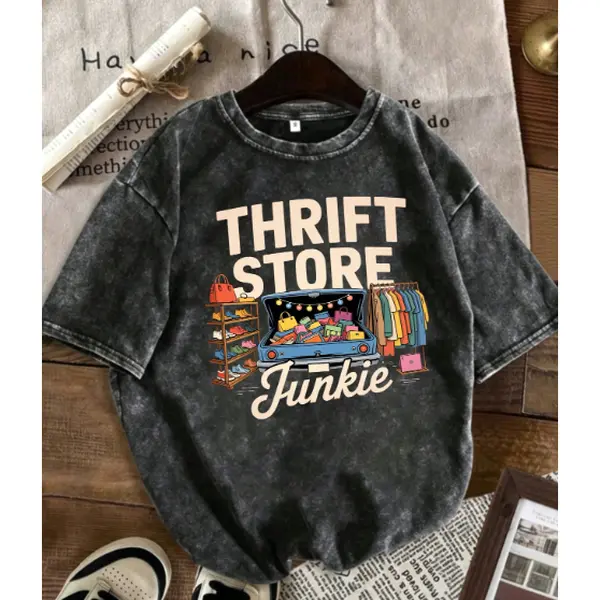 Summer Vintage Indie Washed T-Shirt Gray Thrift Store Print Oversized Style Plus Size Tops