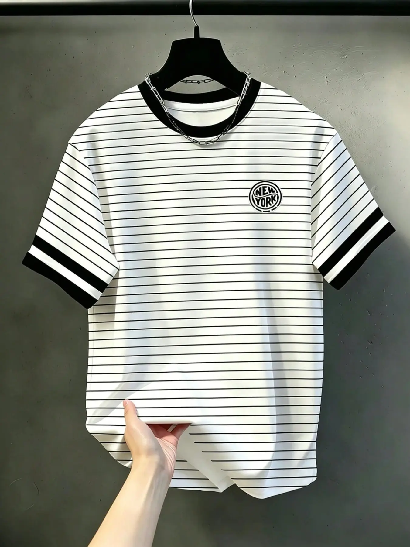 3D Men's Casual Round Neck T-Shirt, Striped Design, New York Print, Breathable, Loose Fit, All Season, Outdoor Wear, Durable Fabric