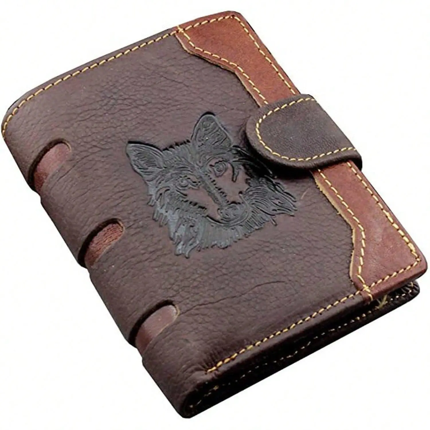 Brown Leather Mens Casual Wallet with Hasp Many Card and Money Slots Wolf Tatto Style for Everyday Use