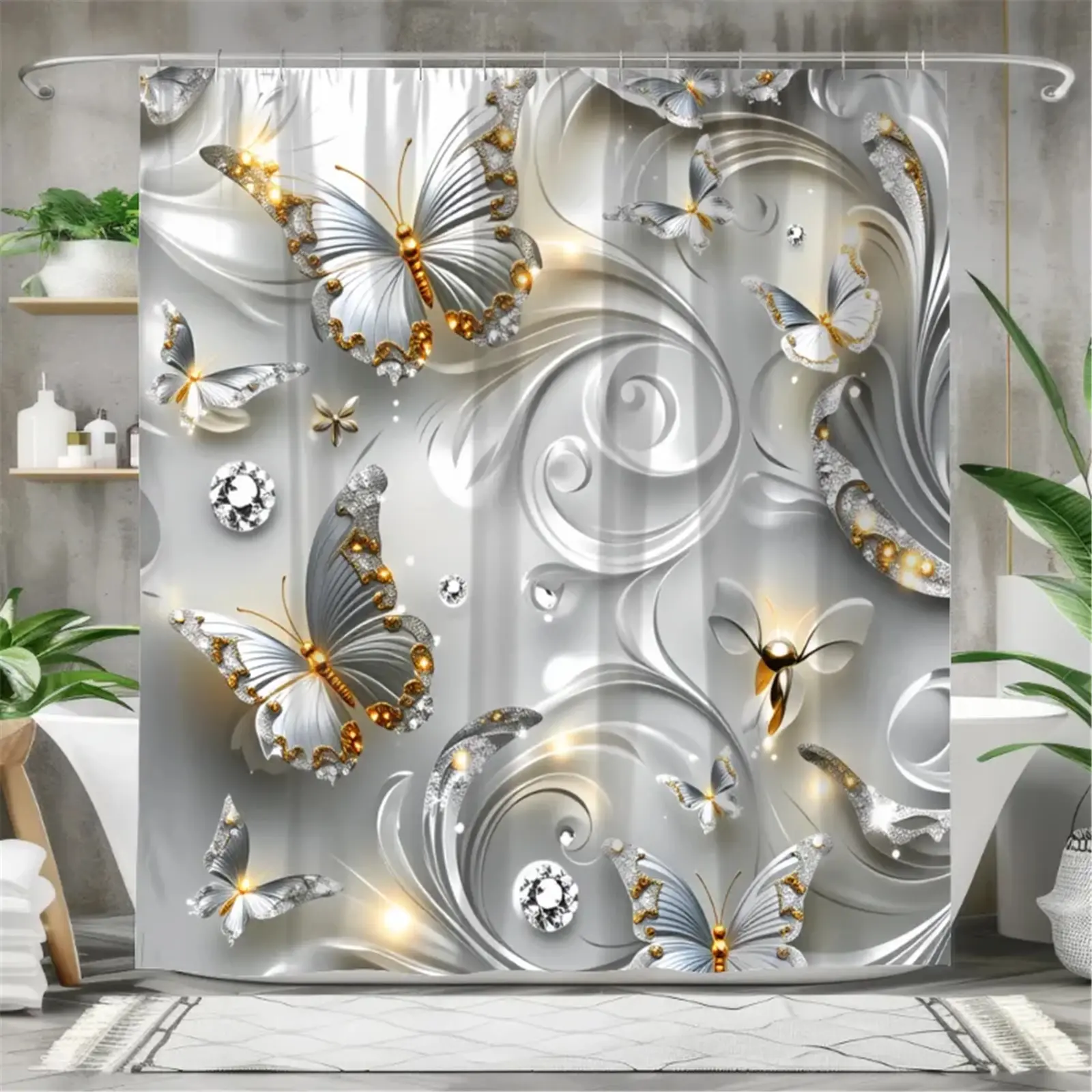 Polyester Crystal Diamond Gold-Silver Butterfly Pattern Bathroom Set - Waterproof Shower Curtain with 12 Hooks, Non-Slip Carpet, U-Shaped Toilet Cushion, Toilet Seat Cover, Home Bathroom Decoration Gift