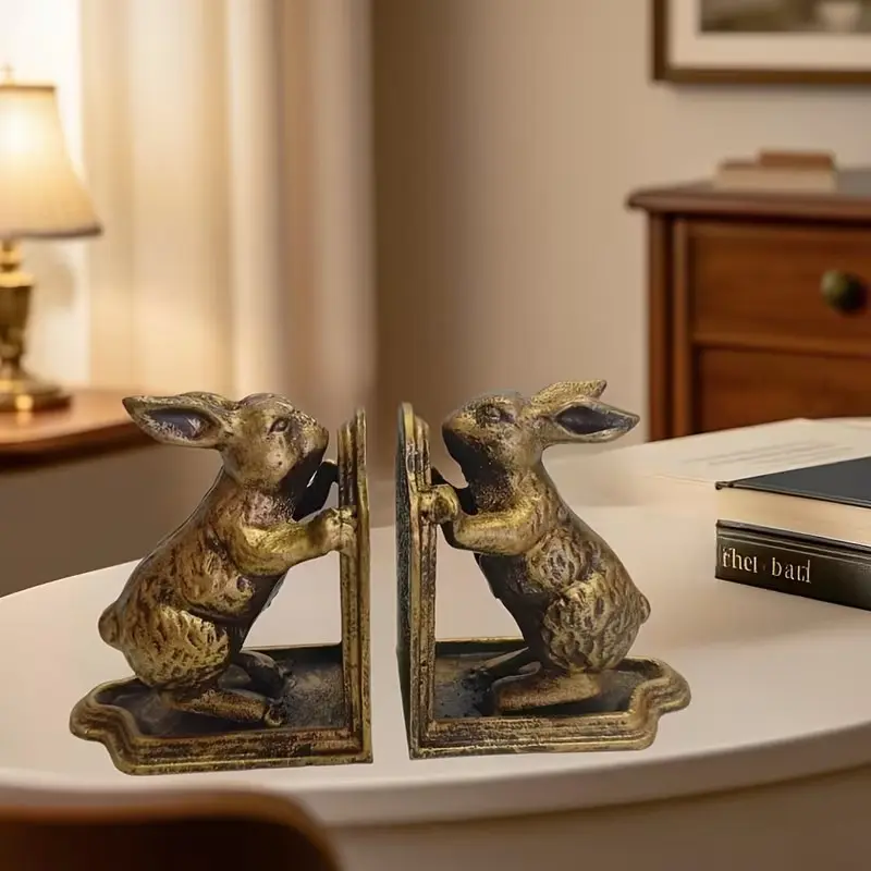 Retro Animal Decorative Rabbit Bookends, Heavy-Duty Cast Iron, Home Decoration Ornaments, Ideal Gifts for Holidays, 1 Pair