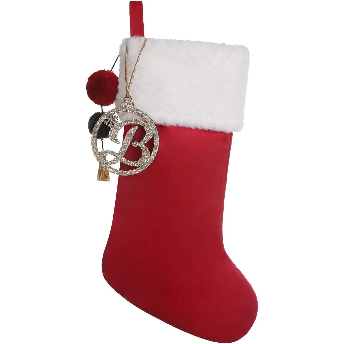 Personalized Gold Wooden Initial Christmas Stocking, 19.5 inches Velvet Christmas Stocking with pom poms,Christmas Decorations for Xmas Fireplace Holiday Party(Red B)