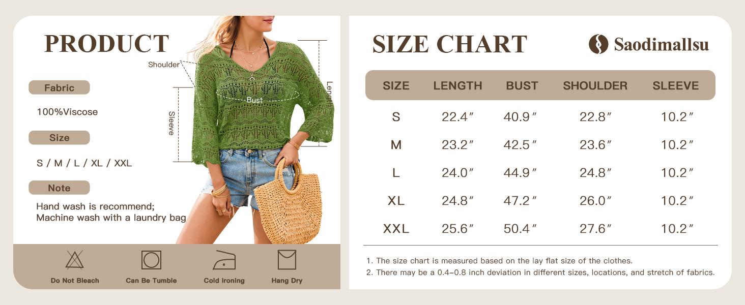Saodimallsu Womens Crochet Cover Up Tops 3/4 Sleeve V Neck Summer Boho Knit Beach Coverups 2026 Resort Wear