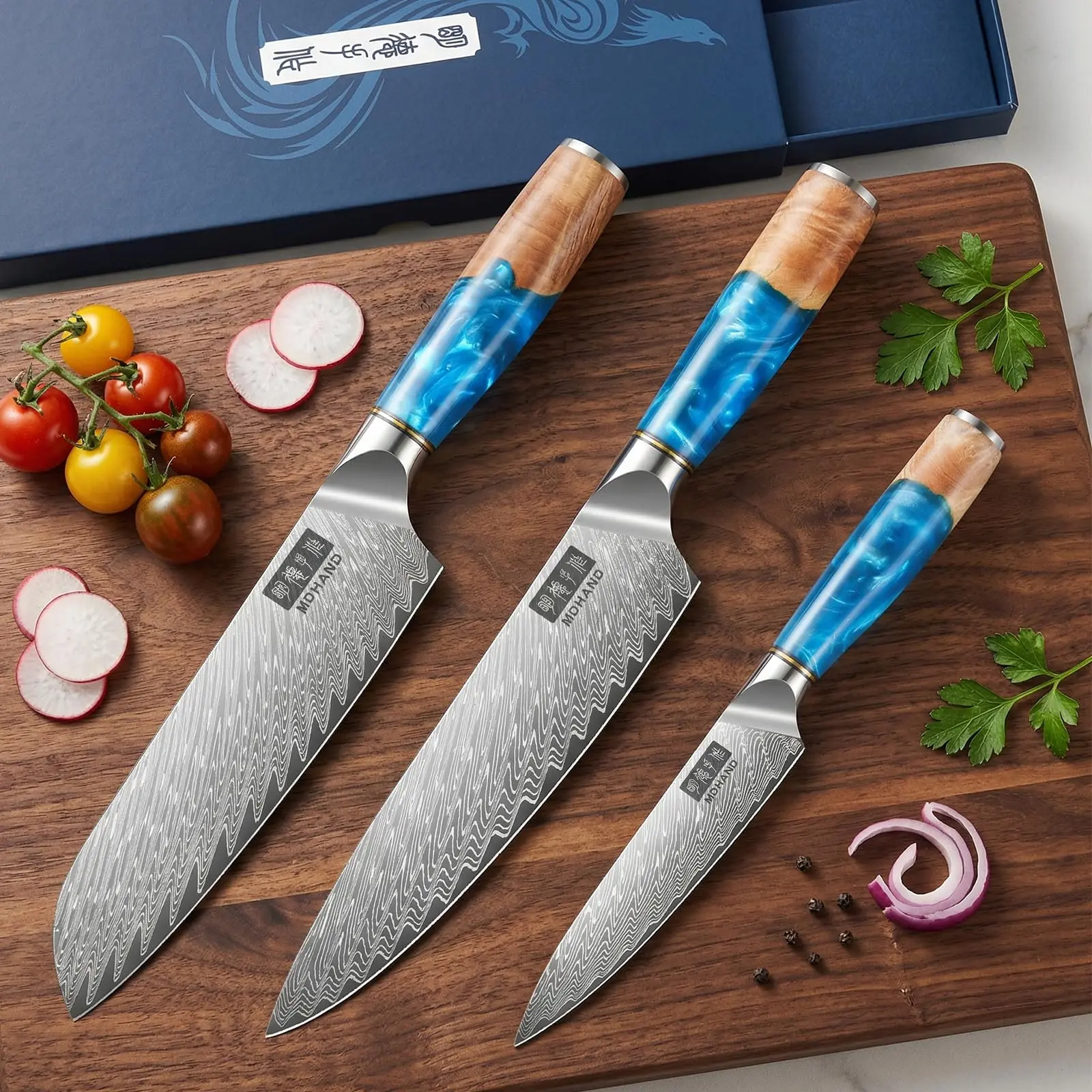 MDHAND Damascus Kitchen Knife Set, Japanese VG10 Super Steel Core Professional Chef Knife Set, Ultra Sharp Professional Chef Knives with Azure Timber Collection Handle, Gifts for Men Women, Best Gift#DealsForYouDays