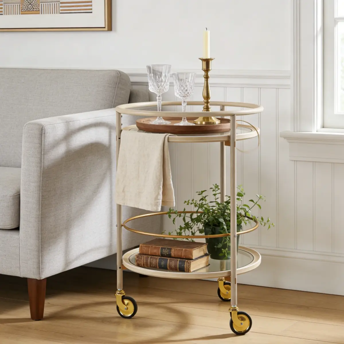 Distressed White Metal Round Rolling Bar Cart with Smooth Lockable 360° Wheels, 2-Tier Tempered Glass Double Shelf, Gold Accents, 23.75x23.75x32 in Vintage Charm Utility Cart, Drink Organizer & Display Rack for Home Kitchen