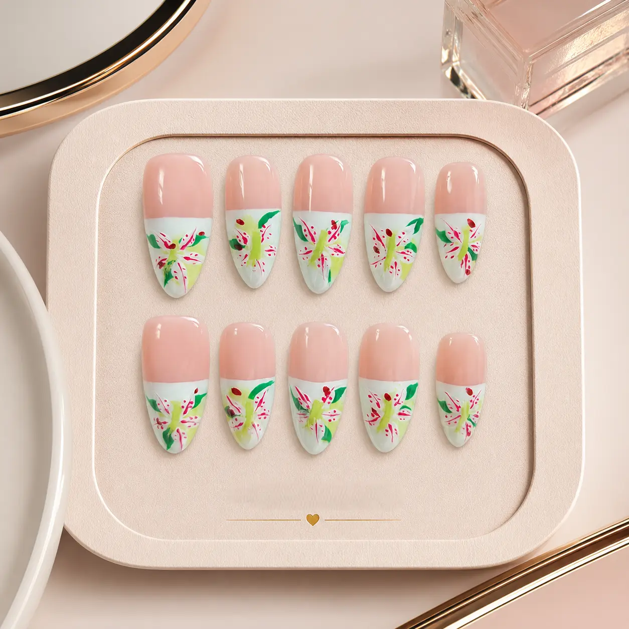 10-Piece Handmade Acrylic Press-On Nails, Medium Almond Pink and White Nail Set with Hand-Painted Floral and Green Leaf Designs, Glossy Reusable False Nails for Women