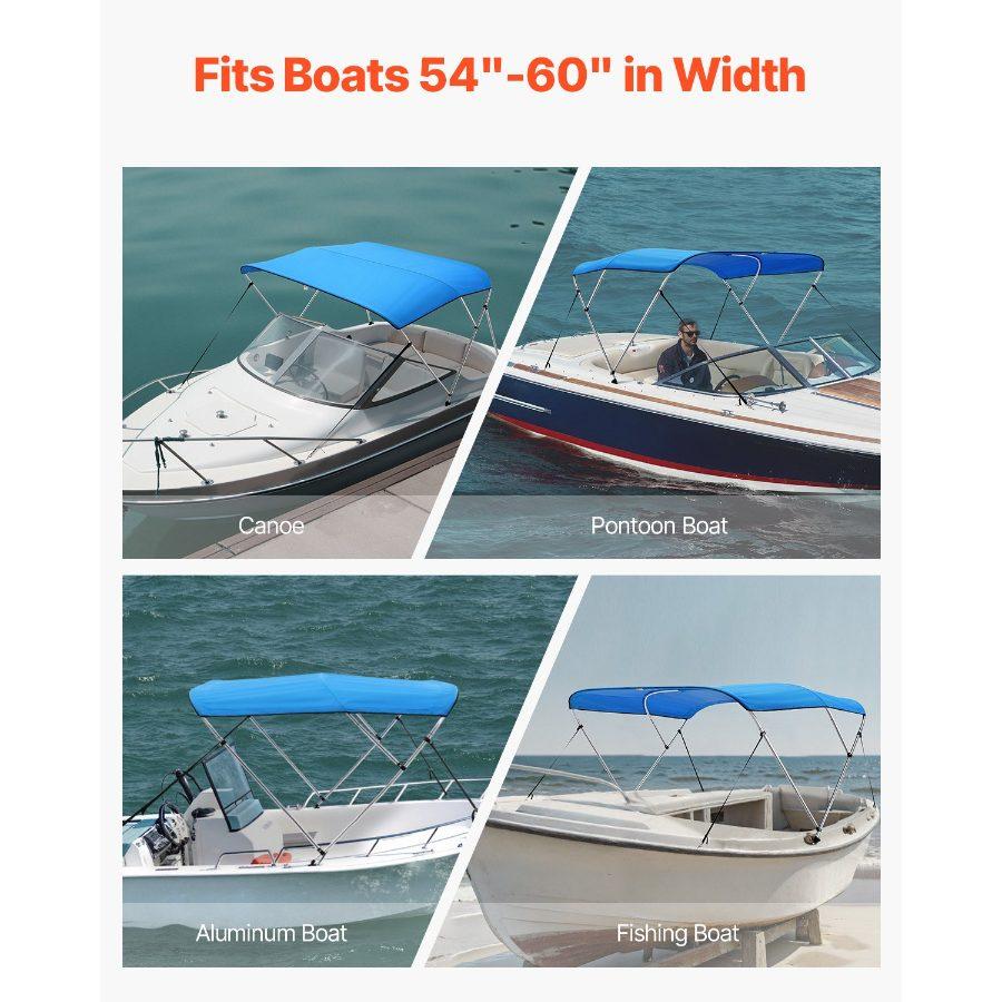 VEVOR 3 Bow Boat Bimini Tops, 600D Polyester Canopy with Aluminum Alloy Frame, Waterproof Sun Shade Boat Awning Canopy with Storage Bag, 2 Support Poles, 4 Straps, 6'Lx(54-60)Wx46H, Pacific Blue