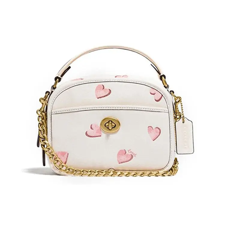 COACH Lunchbox 17 Top-Handle Handbag for Women – Heart-Printed Genuine Leather Crossbody Bag in White