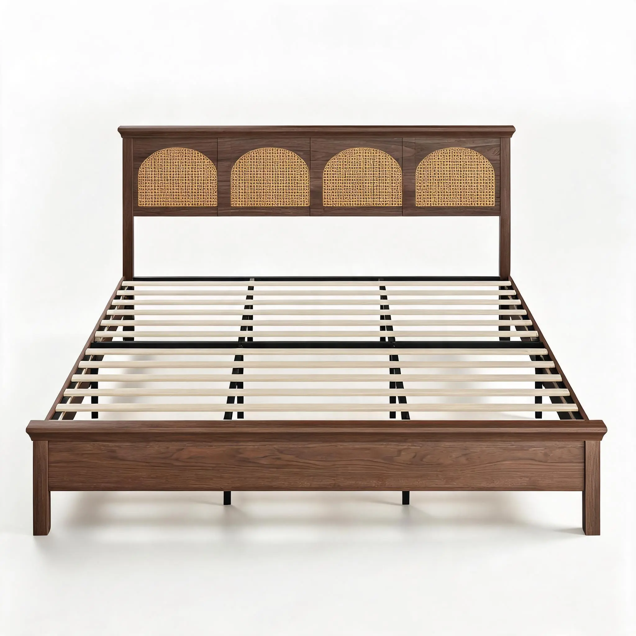 Boho Platform Bed Frame with Woven Wicker Headboard - Plain MDF Construction - Rustic Vintage Style