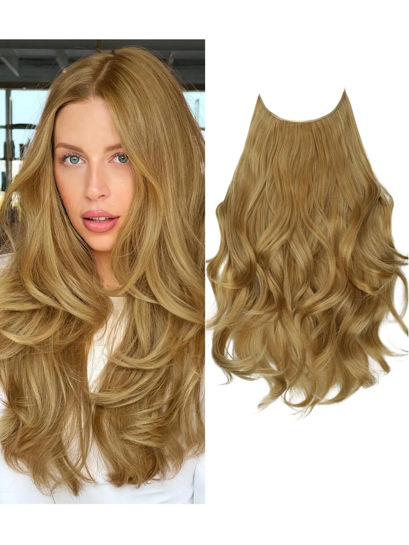 Invisible fishing line hair wave shaped hair extensions with 6 fixed clips, 16 inch synthetic fiber multi-layer hair patches, lightweight, breathable and naturally fluffy, very suitable for women's daily dating parties, easy to wear and remove