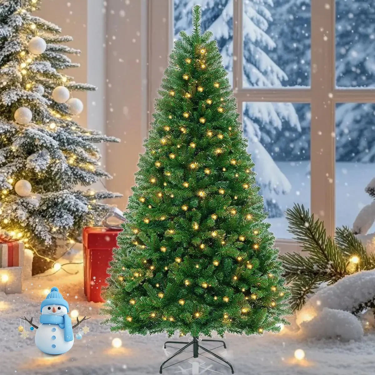 Pre-lit Green Christmas Tree for Holidays, Fire-Resistant Hinged Spruce with Realistic Full Tree Design, Metal Stand, Easy Setup, Room Light Decor Decoration, Classic Christmas Decor