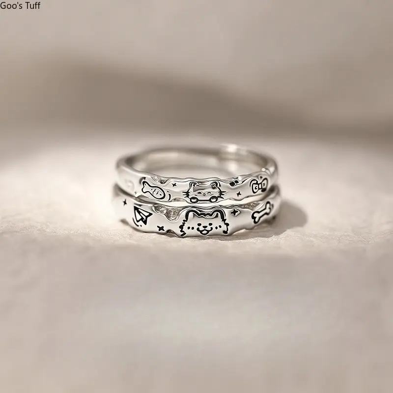 Ring Couple Rings Minimalist Graffiti Wavy‑Edge Cat‑Dog Motif Ins‑Aesthetic Niche Versatile Unisex Matching Couple Ring Finger Jewelry for Daily Wear Date Night Casual Occasions