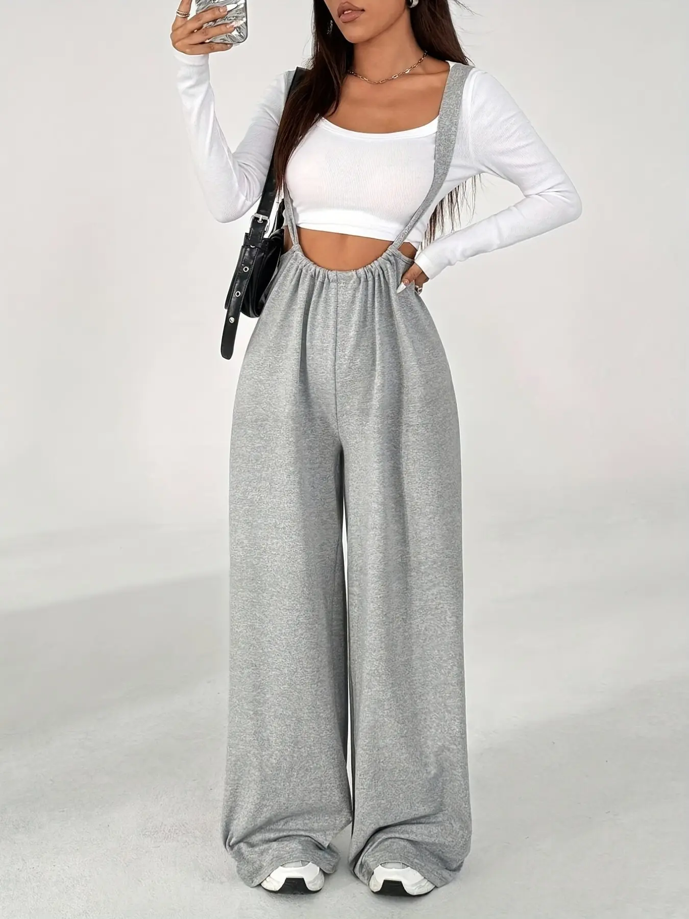 Women's Minimalist Wide Leg Pants, Loose Fit Solid Color Casual Sleeveless Romper, Comfortable and Stylish Everyday Feminine Wear