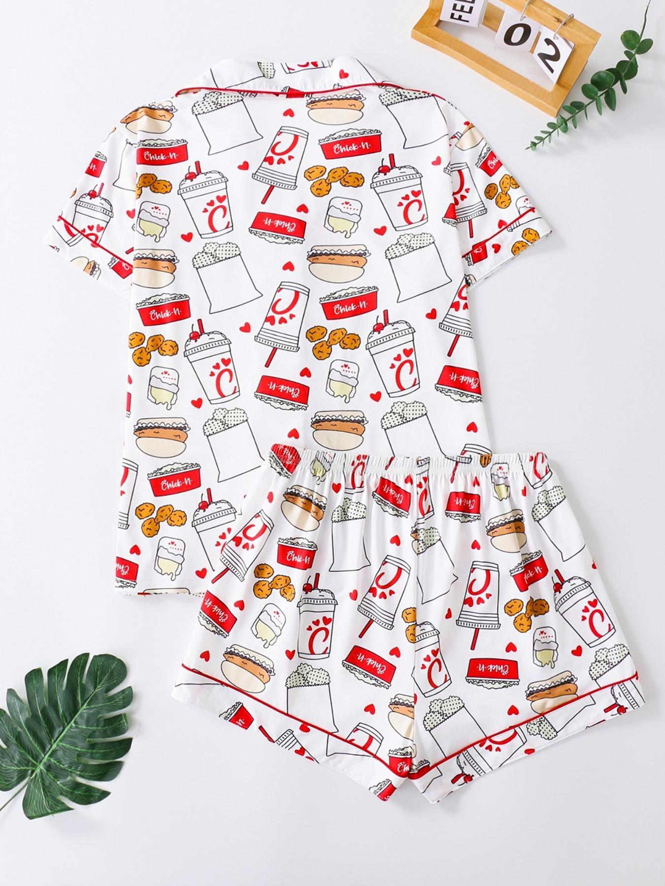 Women's All Over Print Button Front Shirt & Shorts Pyjama Set, Comfort Two-piece Pj Set for Homewear, Women's Sleepwear for All Seasons, Pajama Set, Casual Sleepwear Set