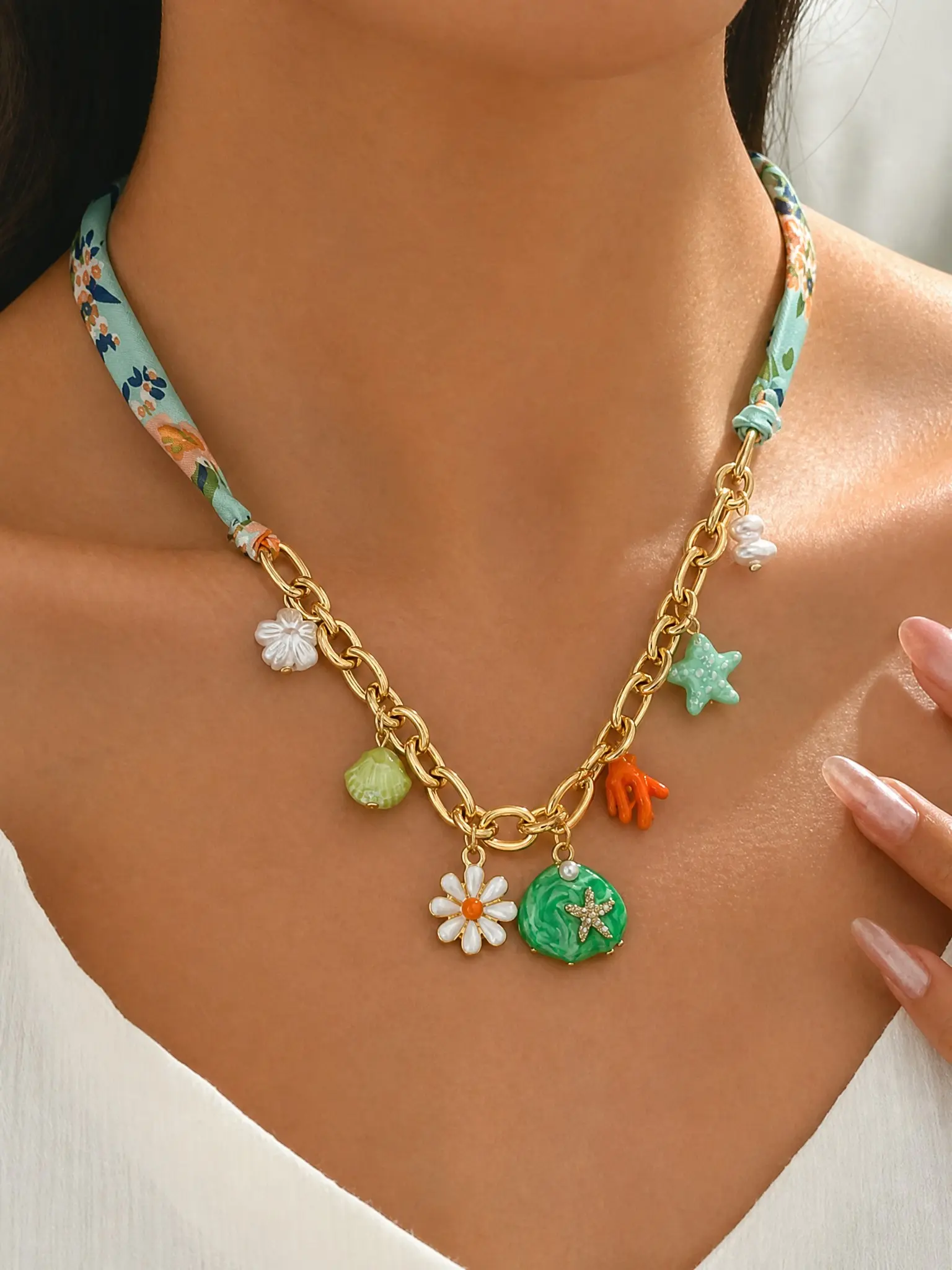 Mint Scarf Thick Chain Ocean Necklace, Halloween Christmas New Year Vacation Atmosphere Accessory, Elegant Plain Style