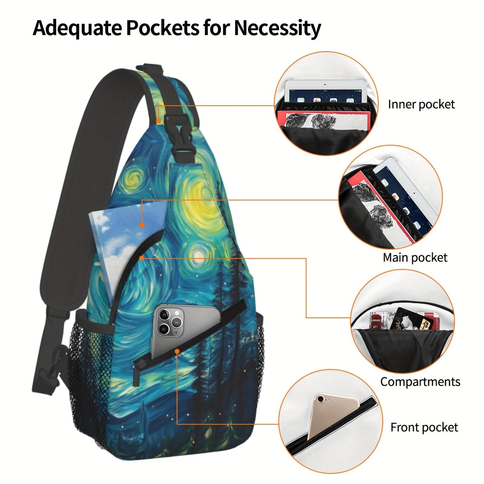 A Stylish  Spacious Crossbody Chest Bag Featuring an Abstract Design Inspired by a Starry Night  Forest, Perfect for Hiking, Shopping, Leisure Travel, Or As a Beach Bag.This Durable Backpack Is Also Suitable for Fishing  School and