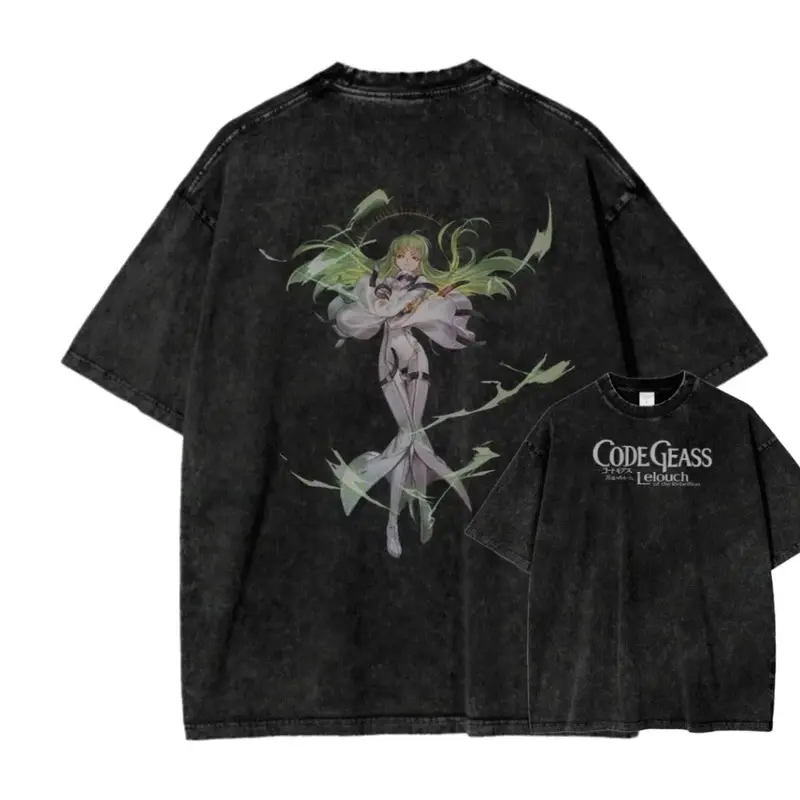 2026 New ACID WASH TEE Code Geass Anime Printed T-shirt Men's and Women's Washed T-shirt High Quality Vintage Cotton T-shirt Top
