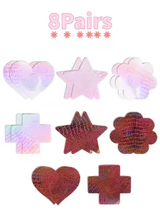 8-pack of thin anti-slip breast pads, bubble holographic shimmer disposable invisible female covering stickers. Suitable for daily wear anti-slip, party look pairing, and photo decoration. Multiple shapes available to meet different clothing needs.