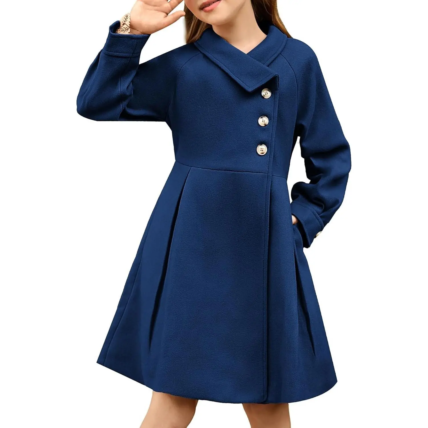 Girls Dress Coat Kids Wool Lapel Long Button Jackets Fall Winter Outerwear Peacoat with Pockets 5-12Y
