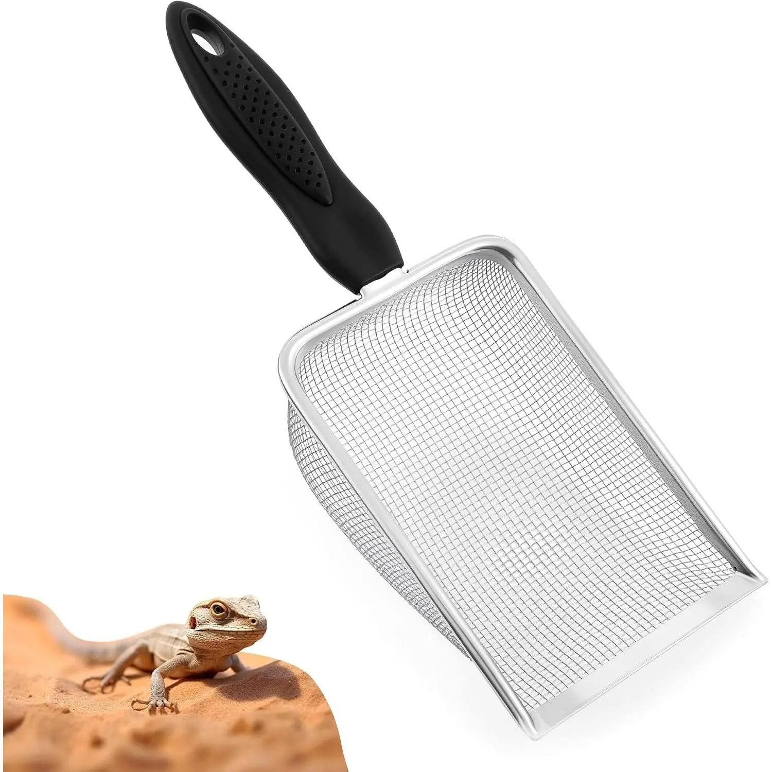 Stainless Steel Mesh Litter Shovel Metal Non-Slip Black Handle Sifter Fine Mesh Reptile Cleaner Scooper for Lizard Substrate Reptile Terrarium Sand & Waste